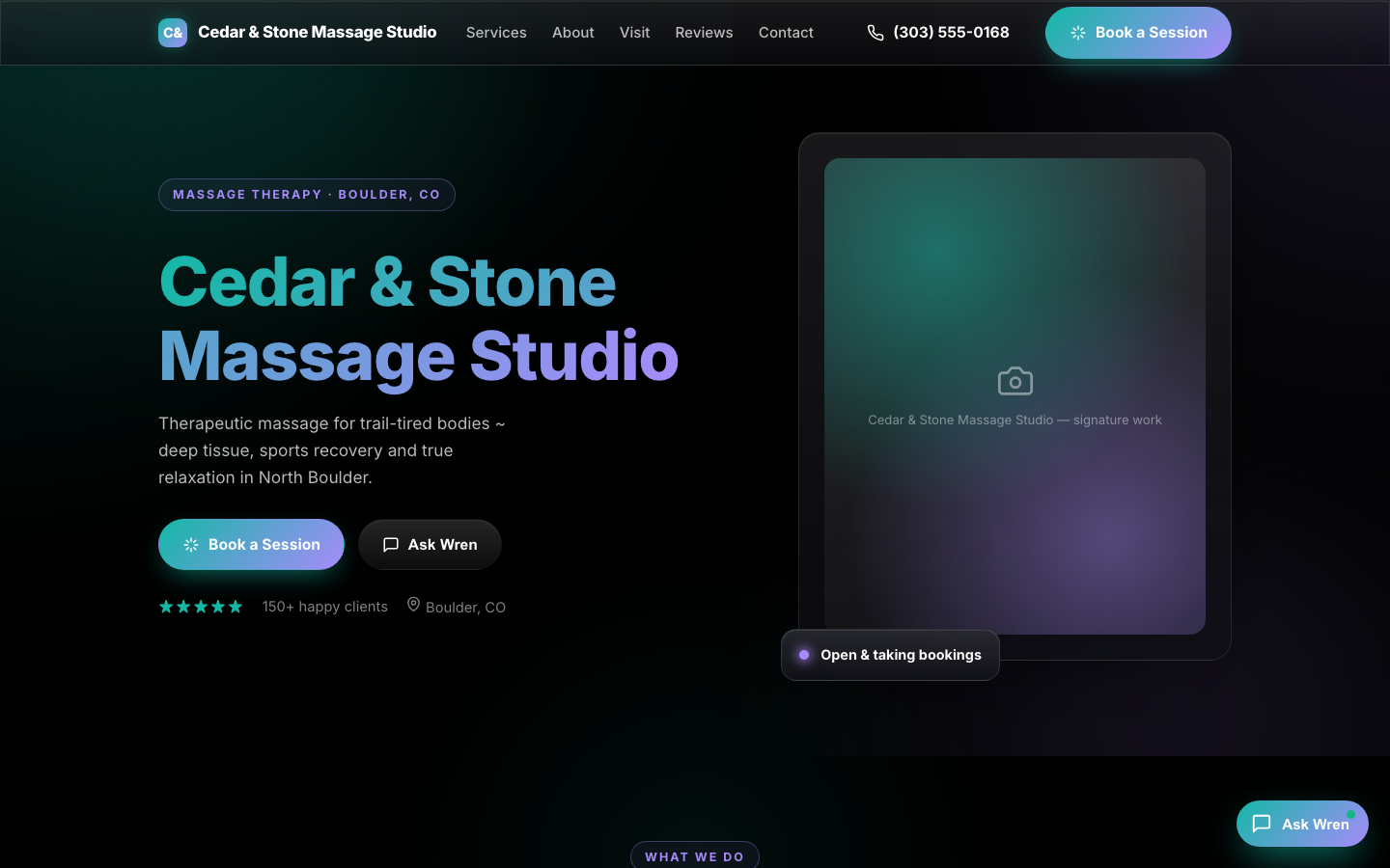 Screenshot of the Cedar & Stone Massage Studio demo site generated by AnchorStart