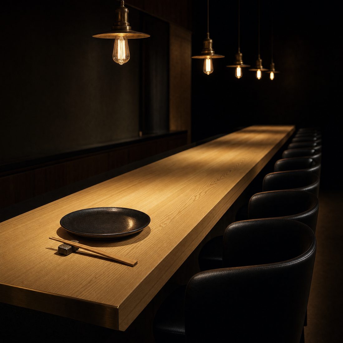 The empty hinoki counter, set before service