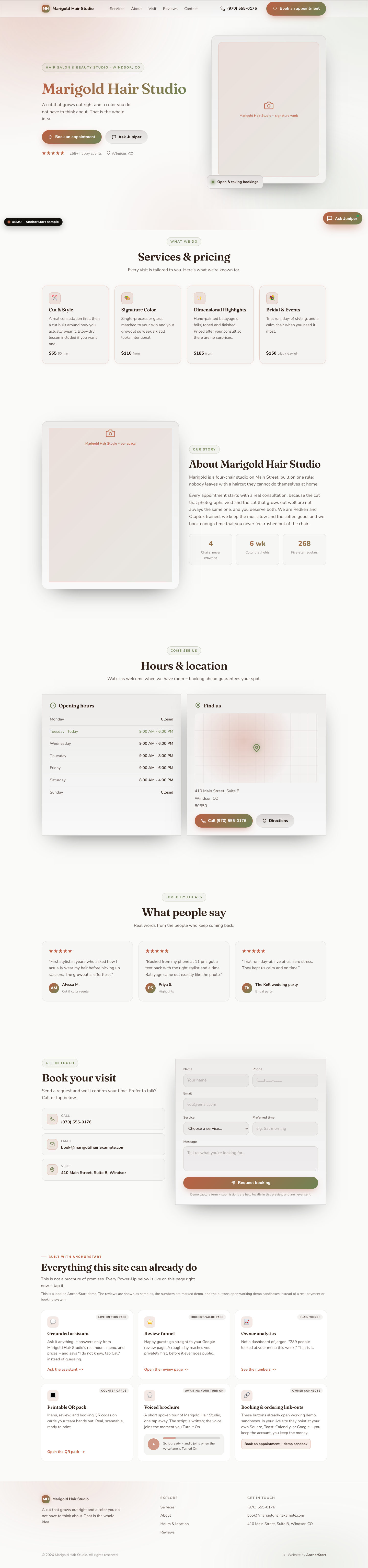 Preview of the Marigold Hair Studio demo site ~ click to open the full live site